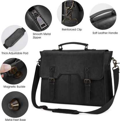 Umhängetasche Herren Vintage Laptoptasche 15,6 Zoll Schwarz