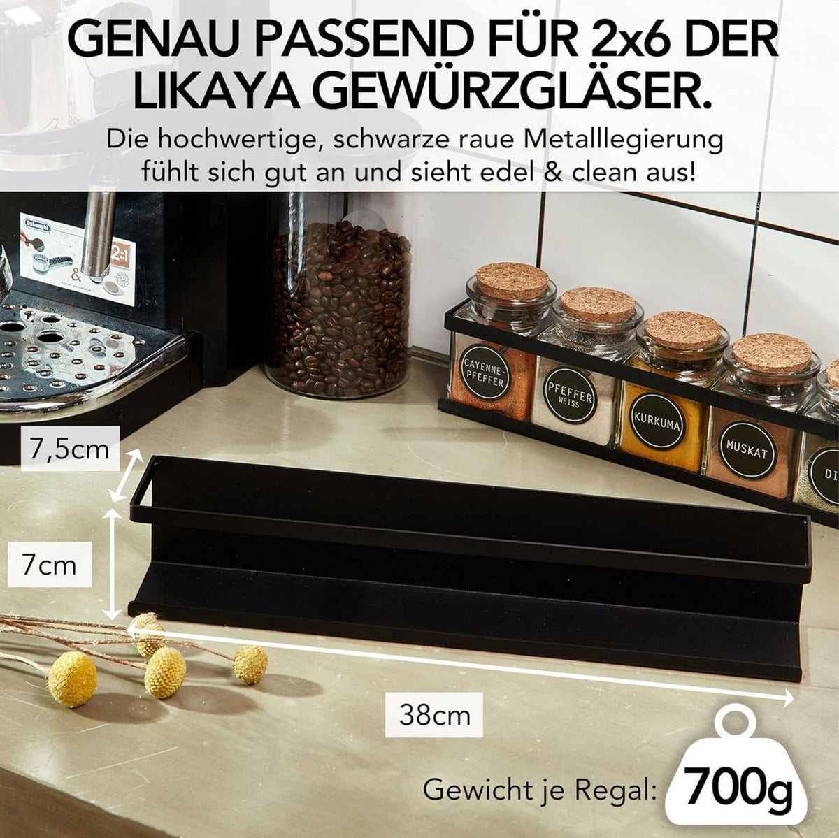 Gewürzregal 2er Set Schwarzes Metallregal für Gewürzgläser ideal für