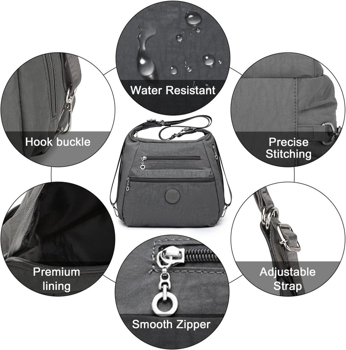 Damen Rucksack Umhängetasche Nylon Anti-Diebstahl Wasserdicht Grau