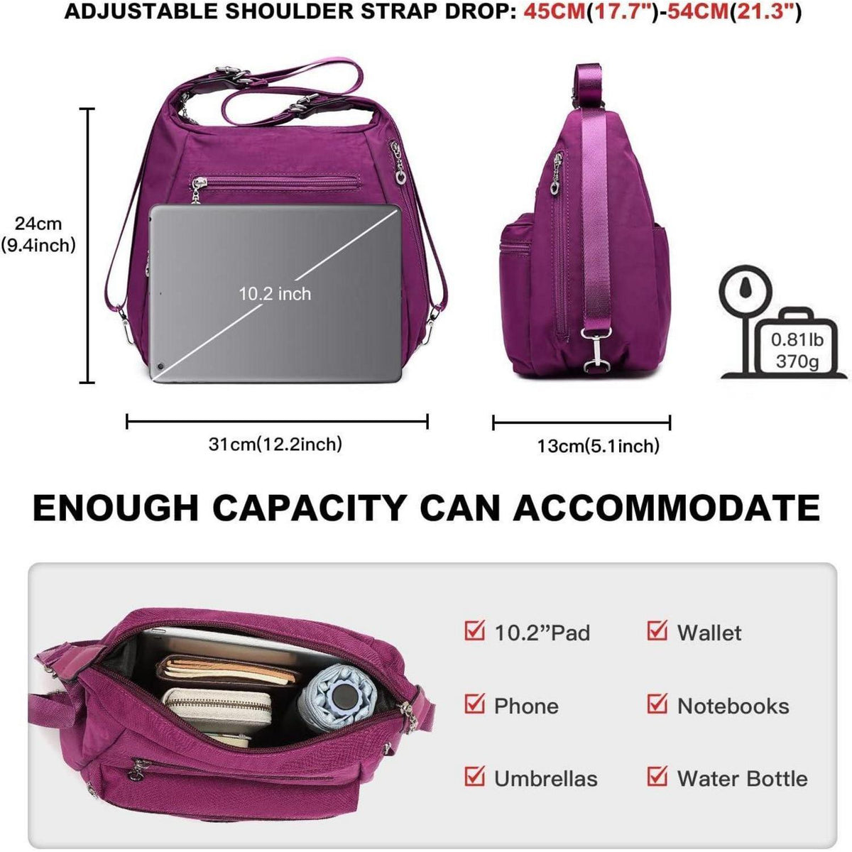 Damen Rucksack 3in1 Wasserdicht Anti-Diebstahl Violett