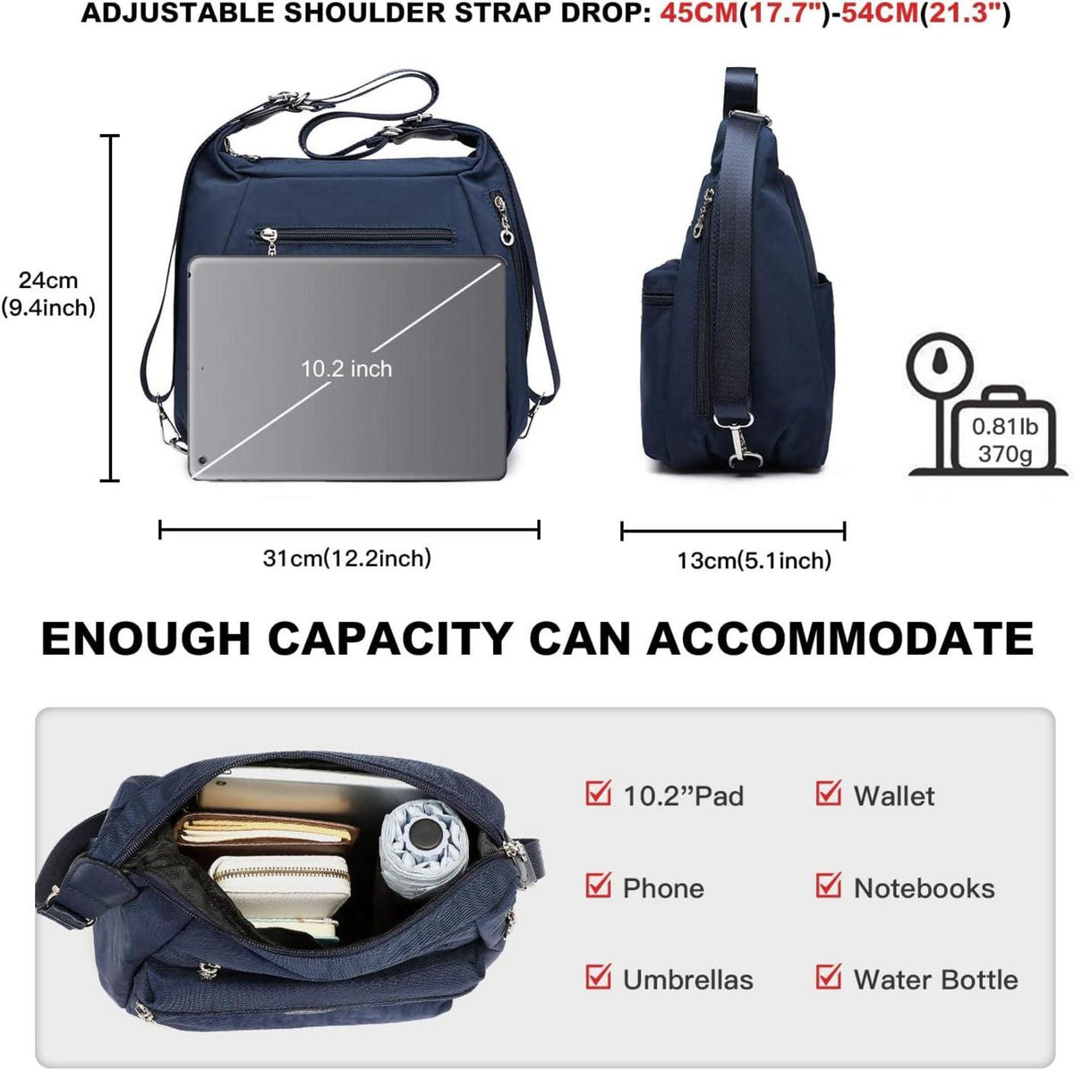 Damen Rucksack Umhängetasche Nylon wasserdicht Anti-Diebstahl Blau