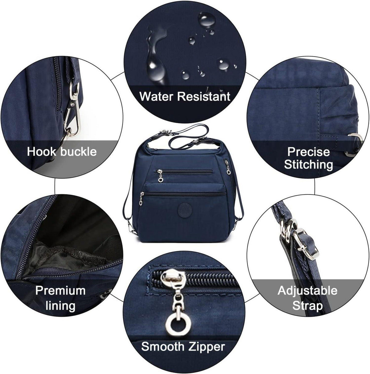 KONO Damen Rucksack Umhängetaschen Nylon Schultertaschen Wasserdicht Casual Blau