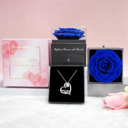 Ewige Rose mit Mama Halskette - Blaue Infinity Rose Geschenkbox