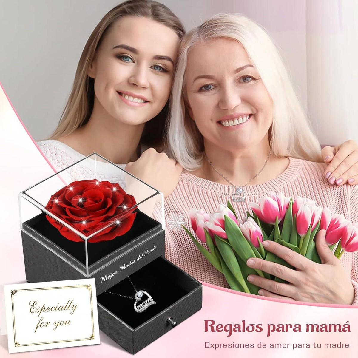 Ewige Rose Geschenkset für Mama, 925 Silber Mom Halskette, Mejor Madre