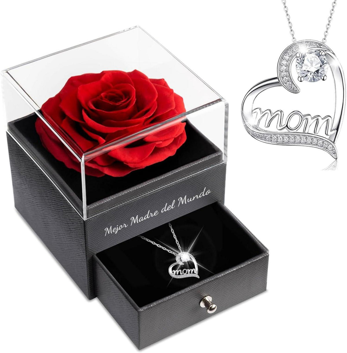 Ewige Echte Rose mit Mom Halskette - Geschenk für Mama, Rot