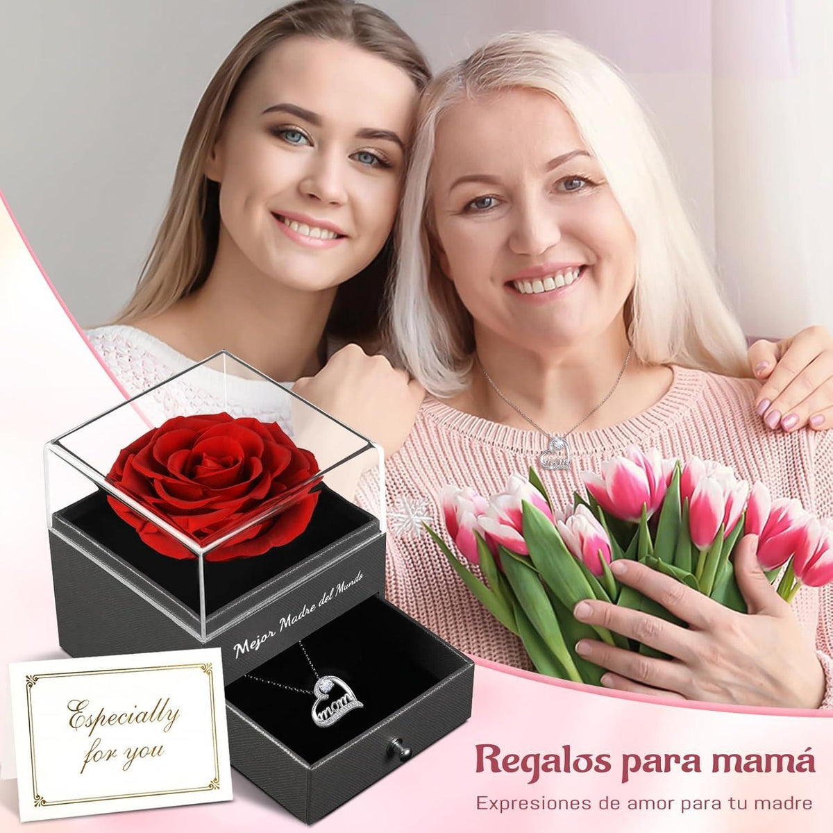 Ewige Rose Mama Geschenkset 925 Silber Halskette Rot