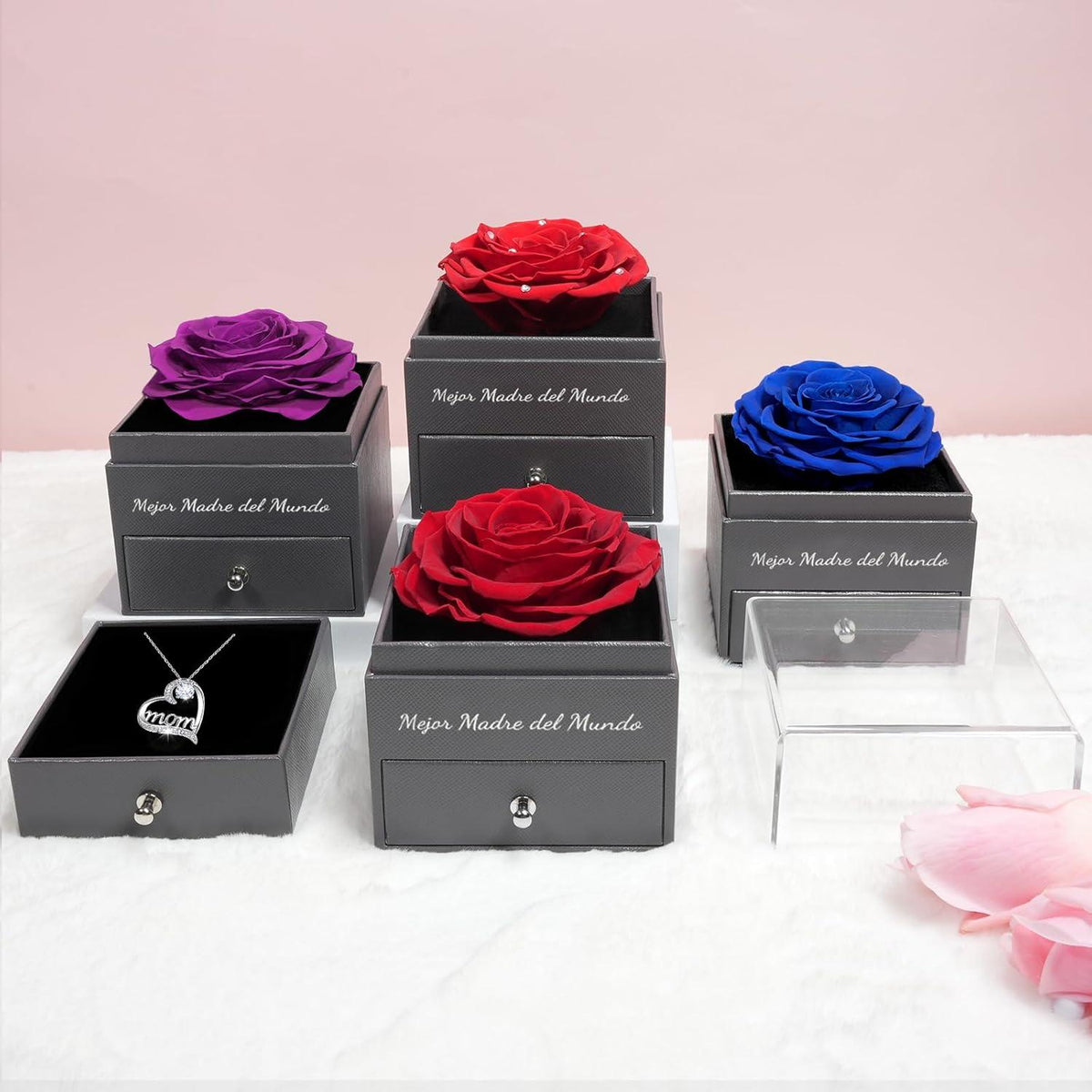 Sunia Ewige Rose mit Mom Halskette 925 Silber Geschenk Muttertag Rot