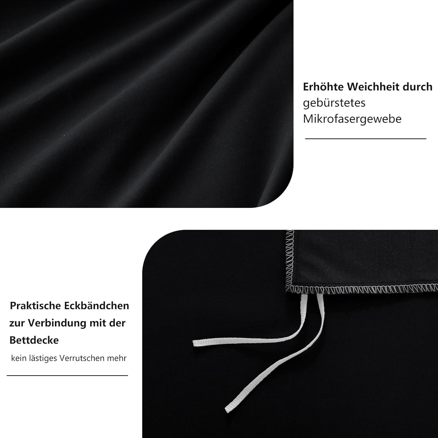 Bettwäsche Set 200x200cm Schwarz Mikrofaser 3tlg. Weich Reißverschluss