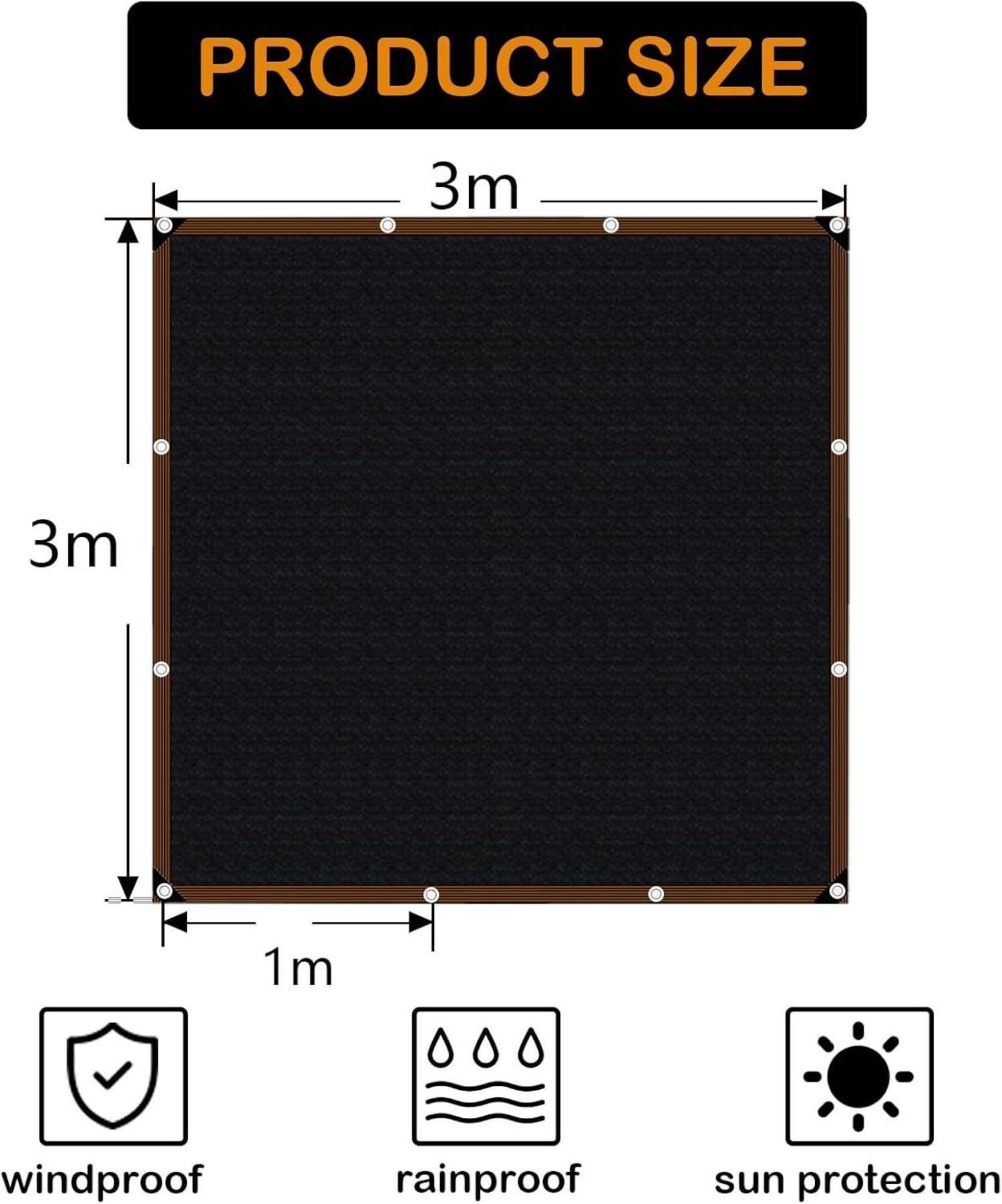Sonnensegel-Rechteckig Balkon Schattennetz 3x3m UV-Schutz Schwarz