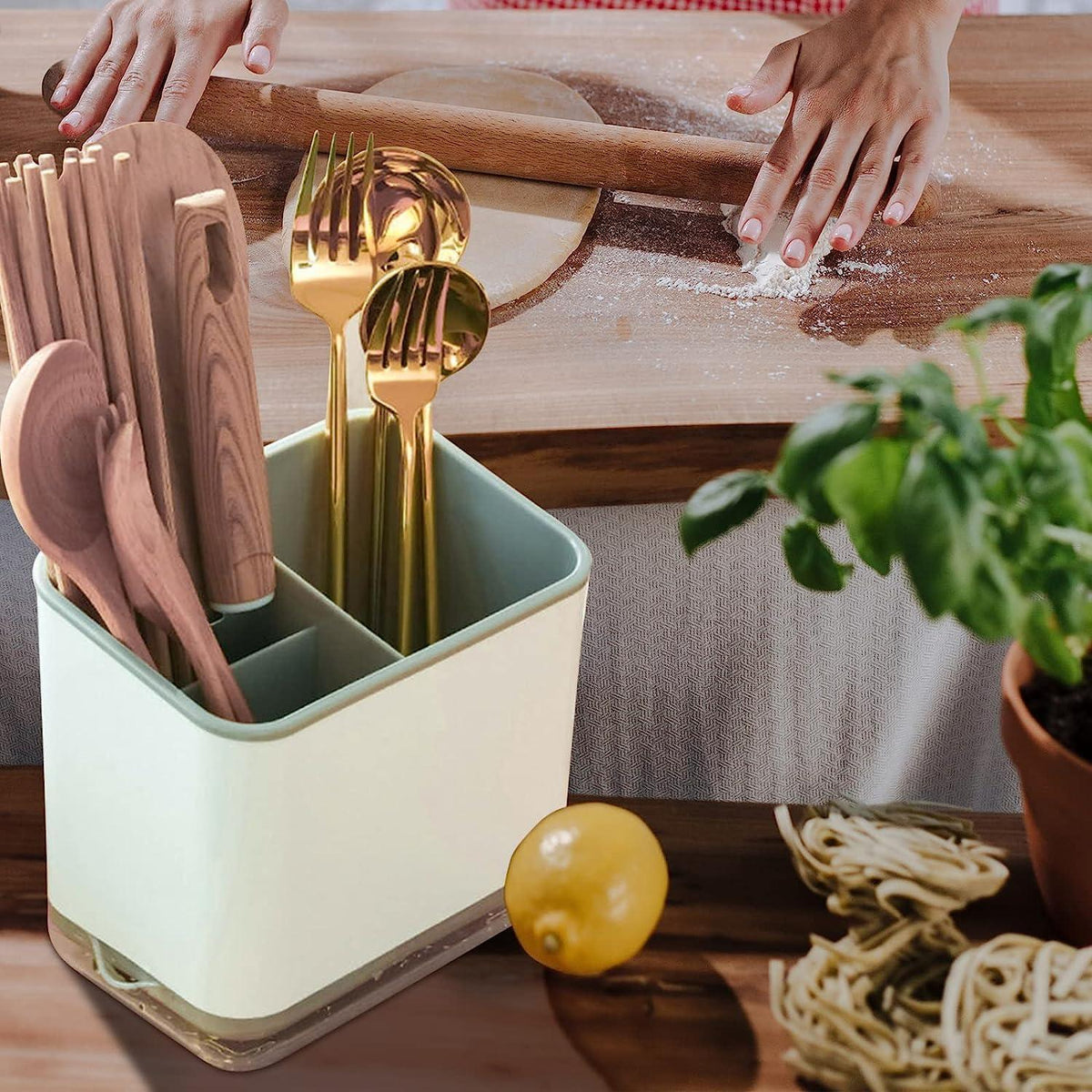 Besteck Organizer mit 3 Fächern und Abtropfgestell - Grau