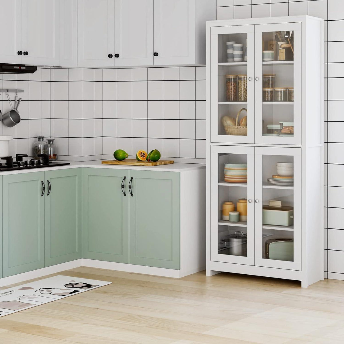 Vitrinenschrank 190 cm | Bücherregal mit 4 Glastüren & 6 Fächern, Weiß