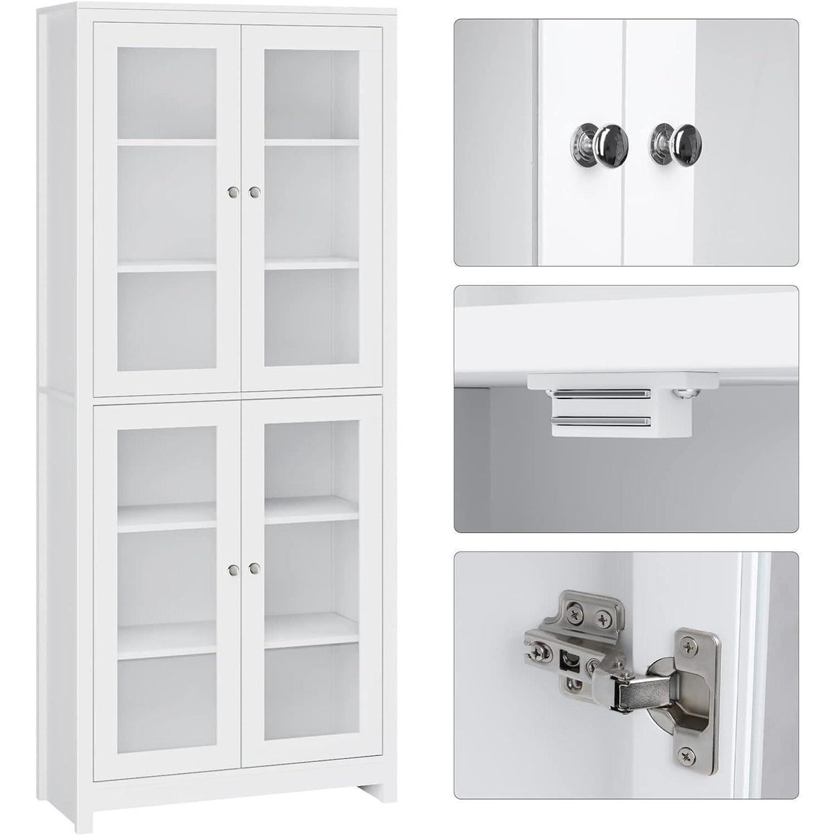 Vitrinenschrank 190 cm | Bücherregal mit 4 Glastüren & 6 Fächern, Weiß