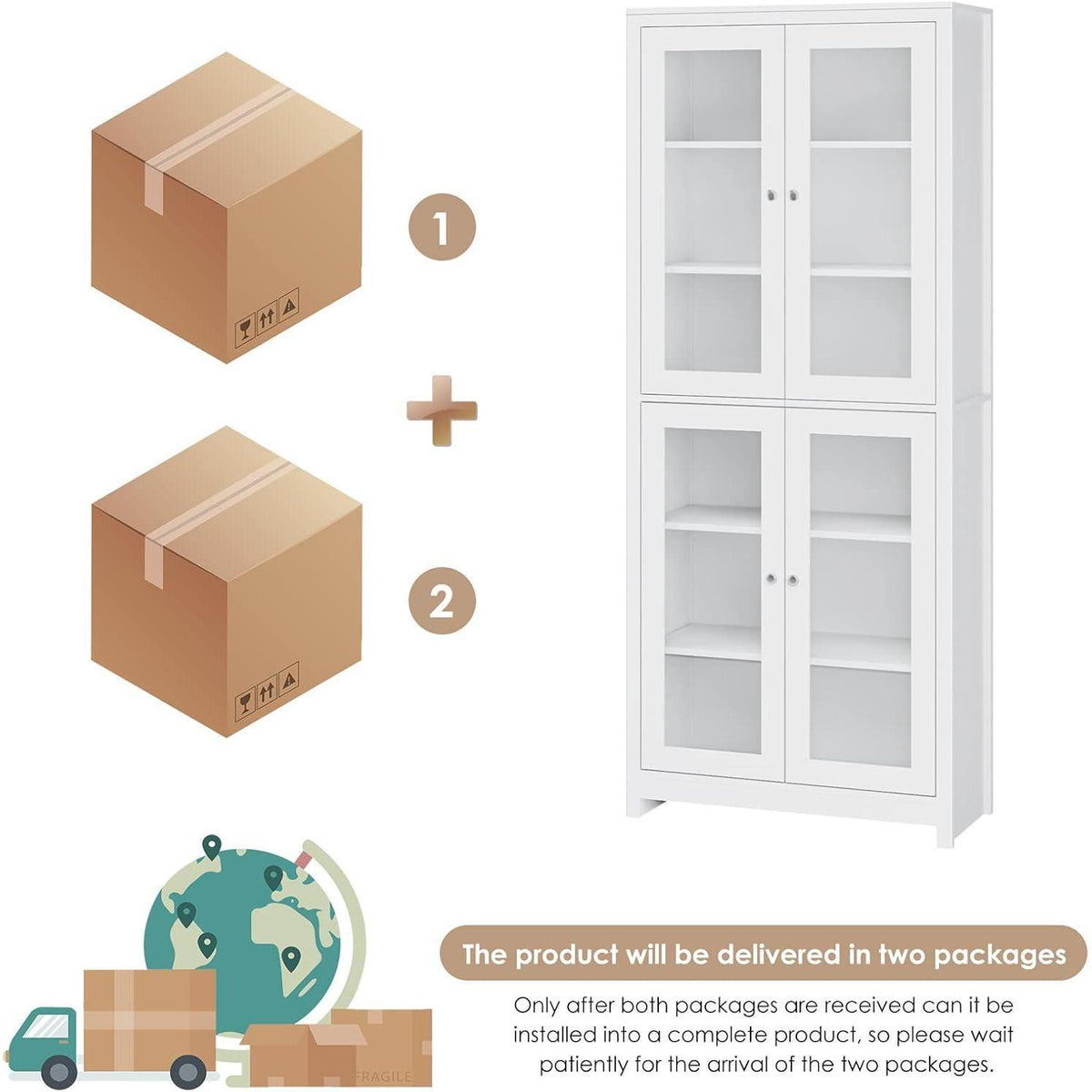 Vitrinenschrank 190 cm | Bücherregal mit 4 Glastüren & 6 Fächern, Weiß