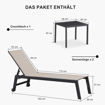 2er-Set Gartenliege Aluminium Sonnenliege mit Bodenrollen