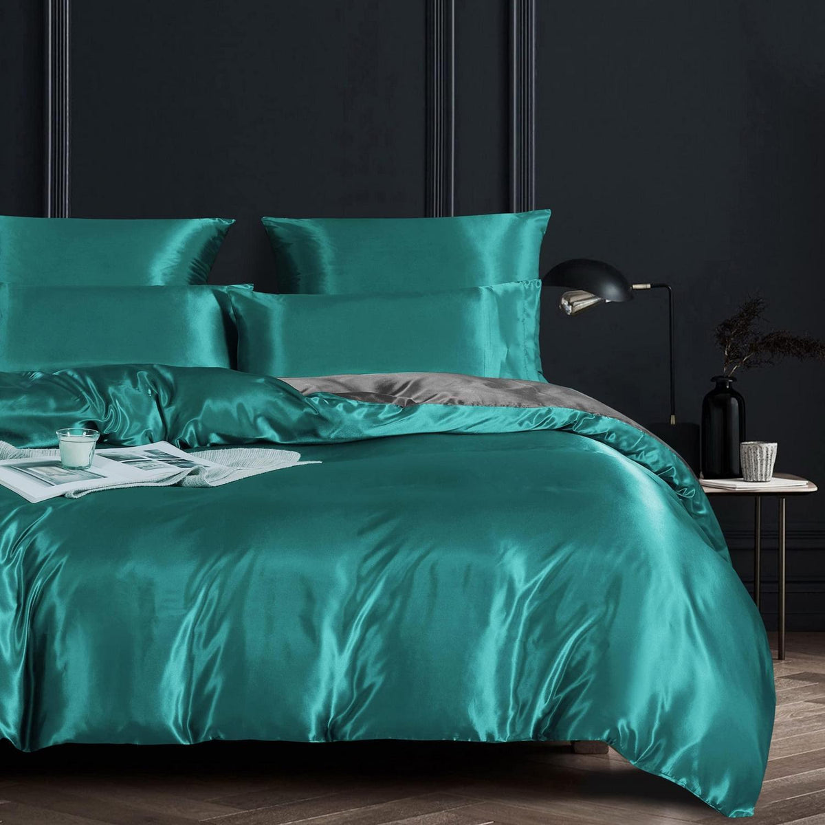 Satin Bettwäsche Set 135x200 cm Türkis Grau 4-teilig