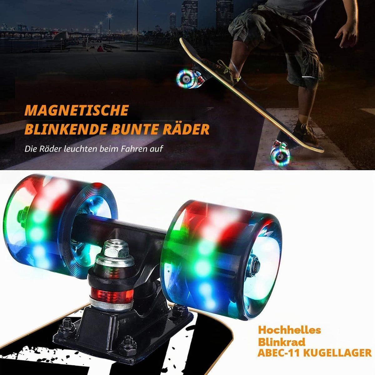 Skateboard Komplett Set mit Blinkrädern – 9 Schichten Ahorn