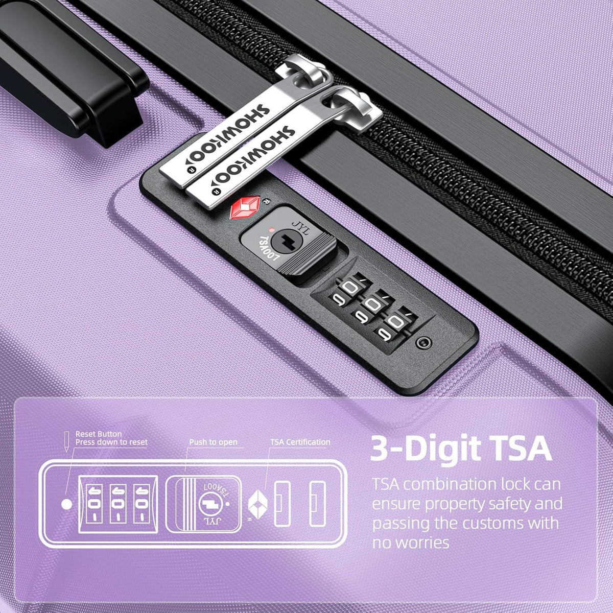 SHOWKOO Kofferset 3tlg Hartschale TSA-Schloss 360°-Rollen (M-L-XL Lavendel