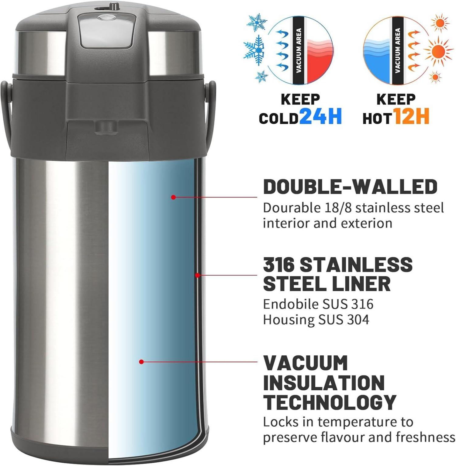 Doppelwandige Pump Thermoskanne Edelstahl 4,0 Liter silber