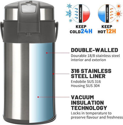Doppelwandige Pump Thermoskanne Edelstahl 4,0 Liter silber