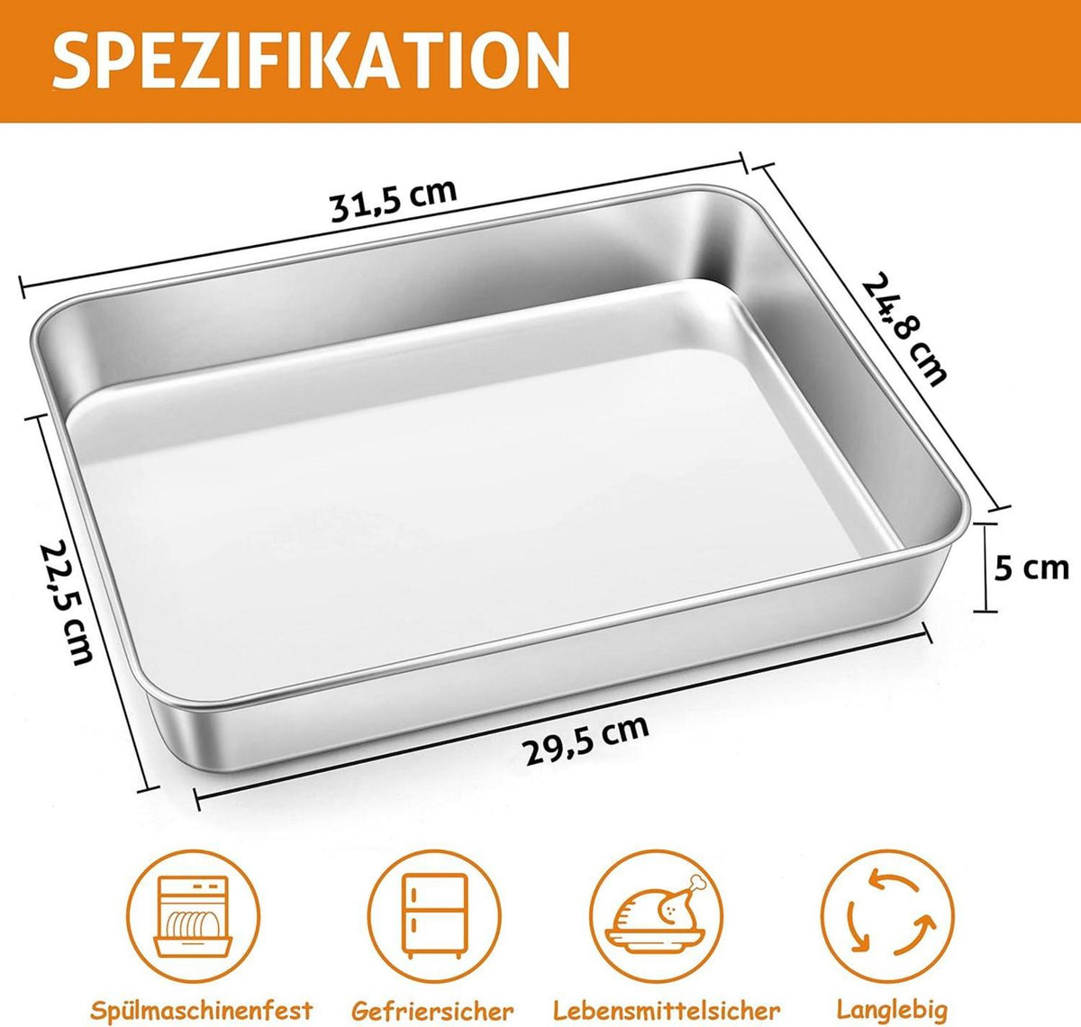 Edelstahl Backblech Rechteckig tief 31,5x24,8x5cm Ofenform