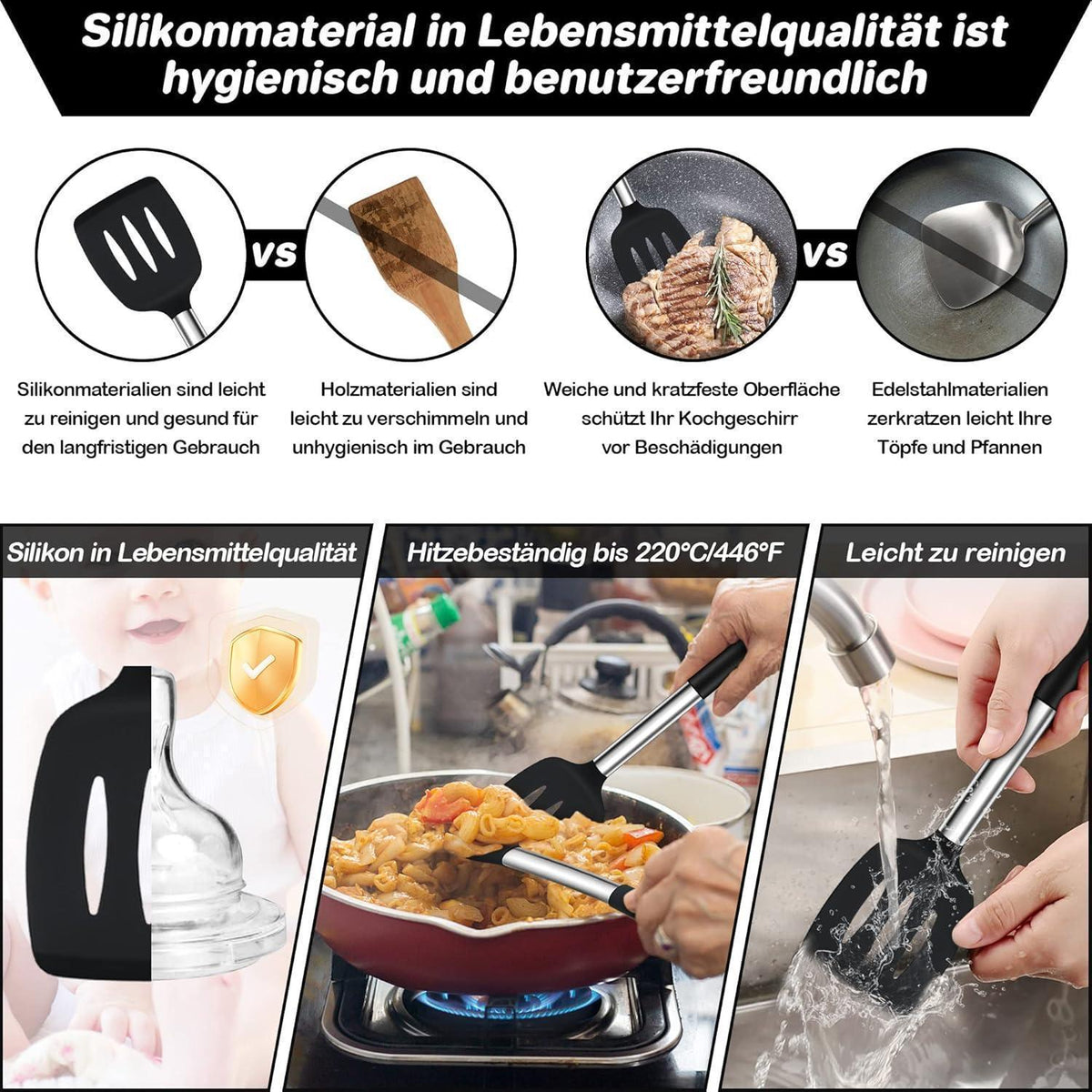 Küchenhelfer Set 6-teilig Silikon Kochutensilien Schwarz