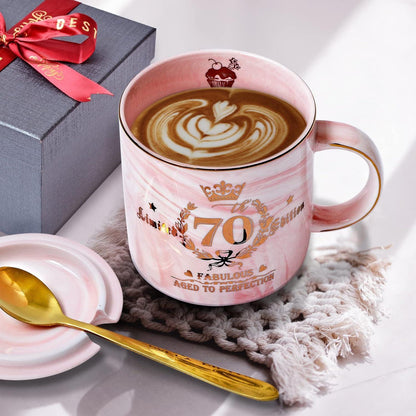 Geschenk 70. Geburtstag Frau Marmor Keramikbecher Golddruck 400ml in