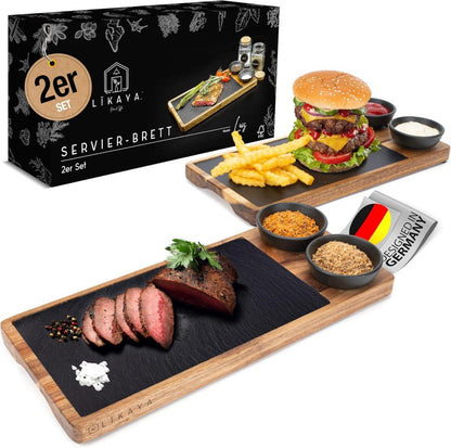 Servierbretter 2er Set Akazienholz Schieferplatte Saucenbowl