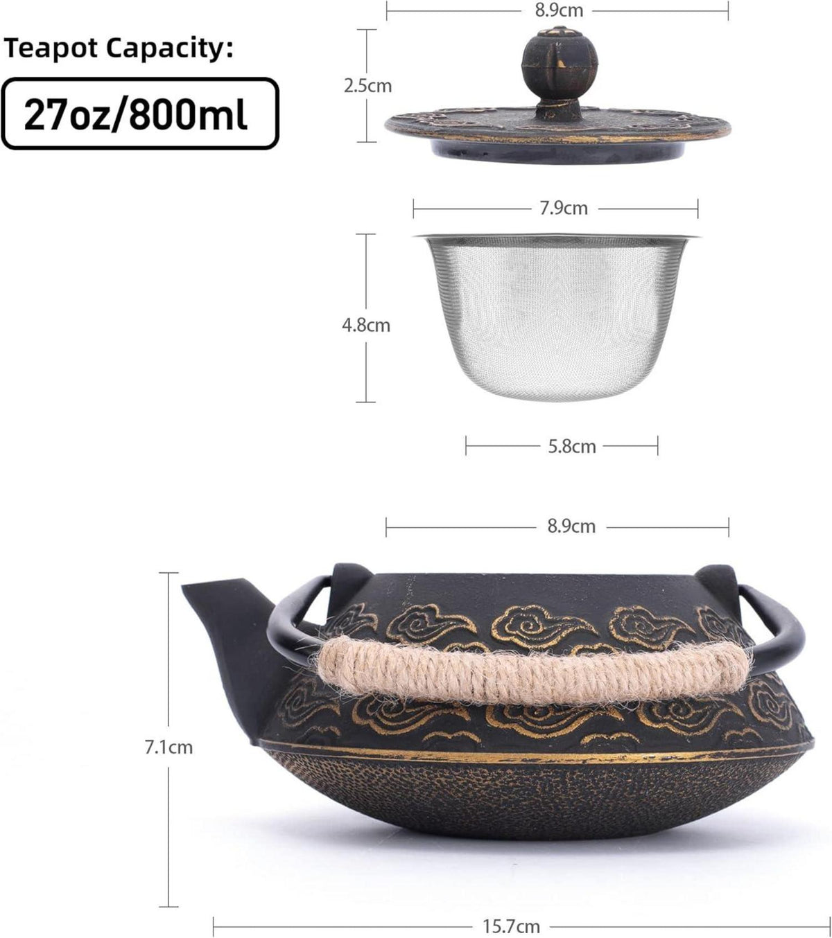 Gusseisen Teekanne mit Infuser 800ml Japanisch Schwarz Emailliert