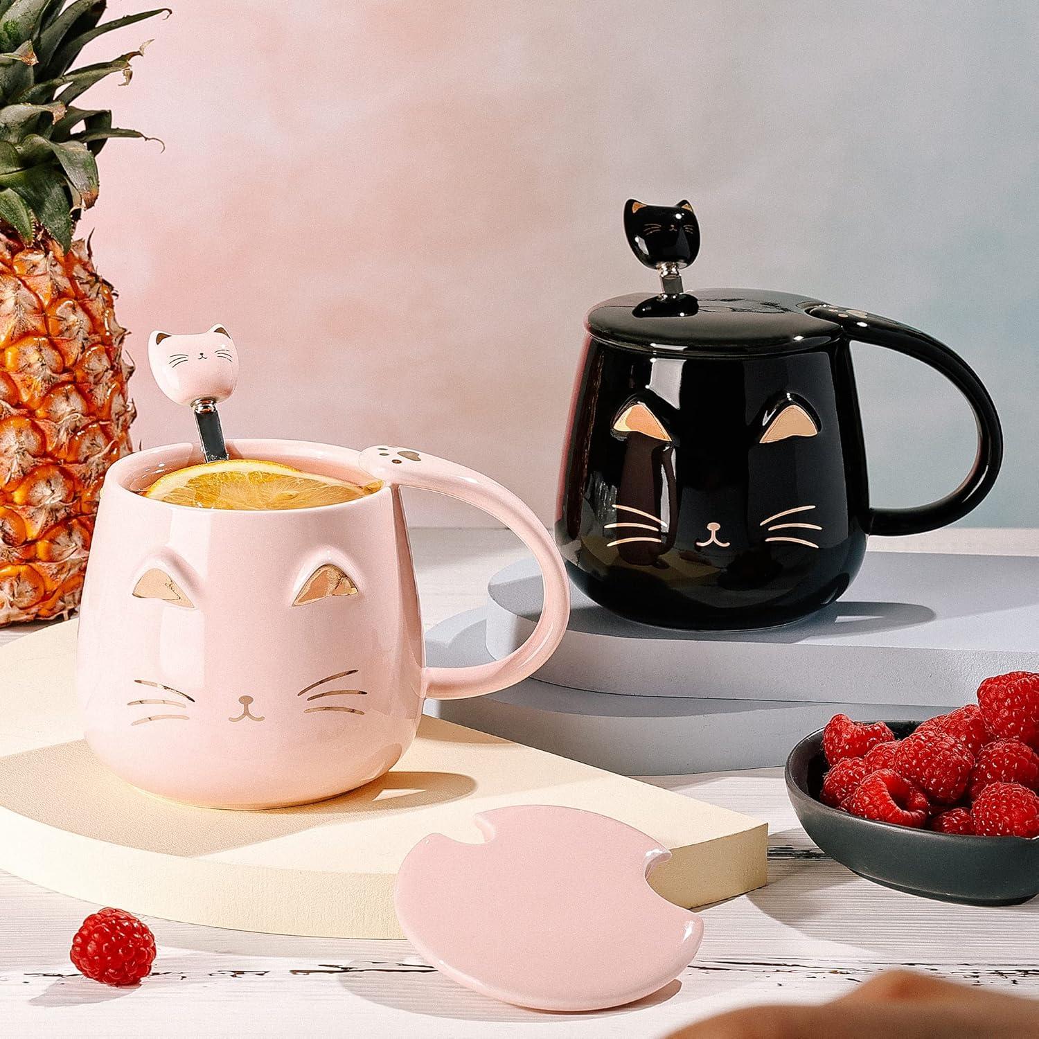 Süßes Katzenbecher 2er-Set mit Deckel und Löffel 450ML Schwarz-Rosa