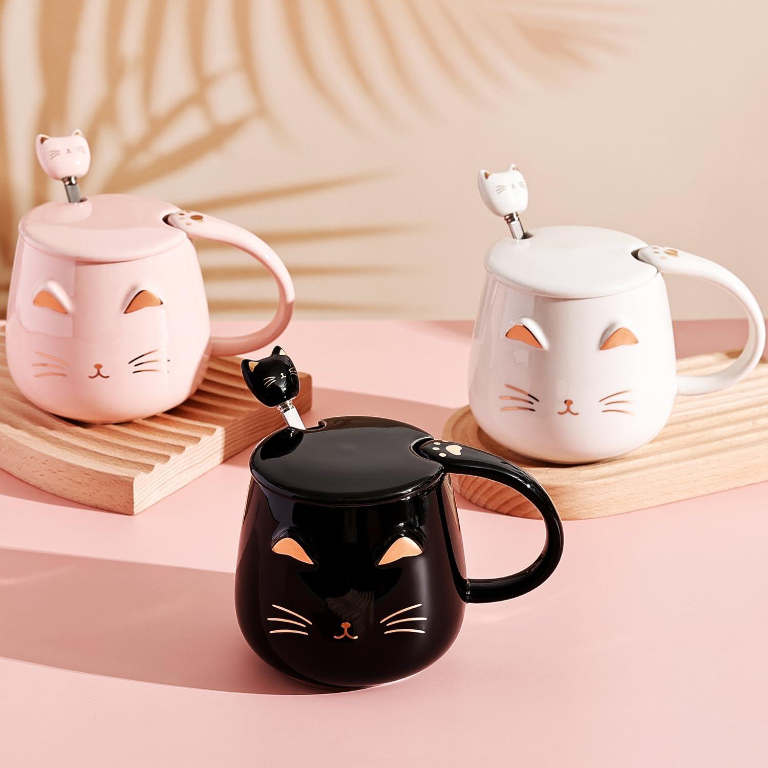 2er-Pack süße Katzenbecher mit Deckel und Löffel 450ml Schwarz und Rosa