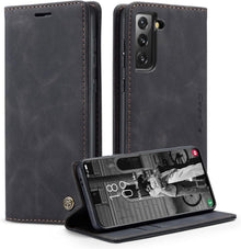 Handyhülle Samsung Galaxy S21 5G Leder Schwarz Magnet Standfunktion