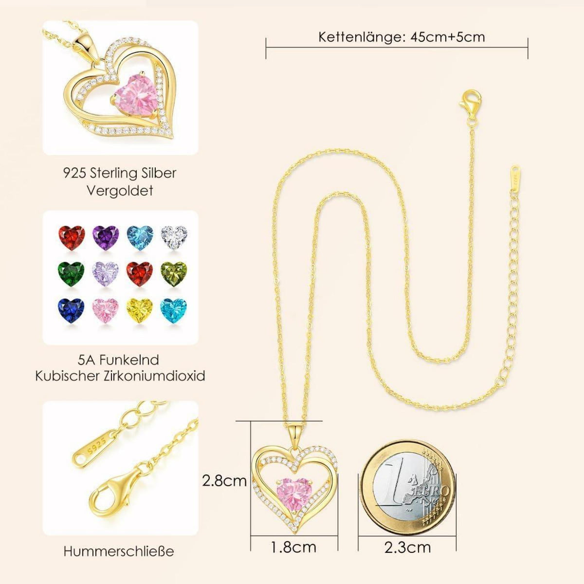 Damen Halskette Herz mit Geburtsstein 925 Sterling Silber
