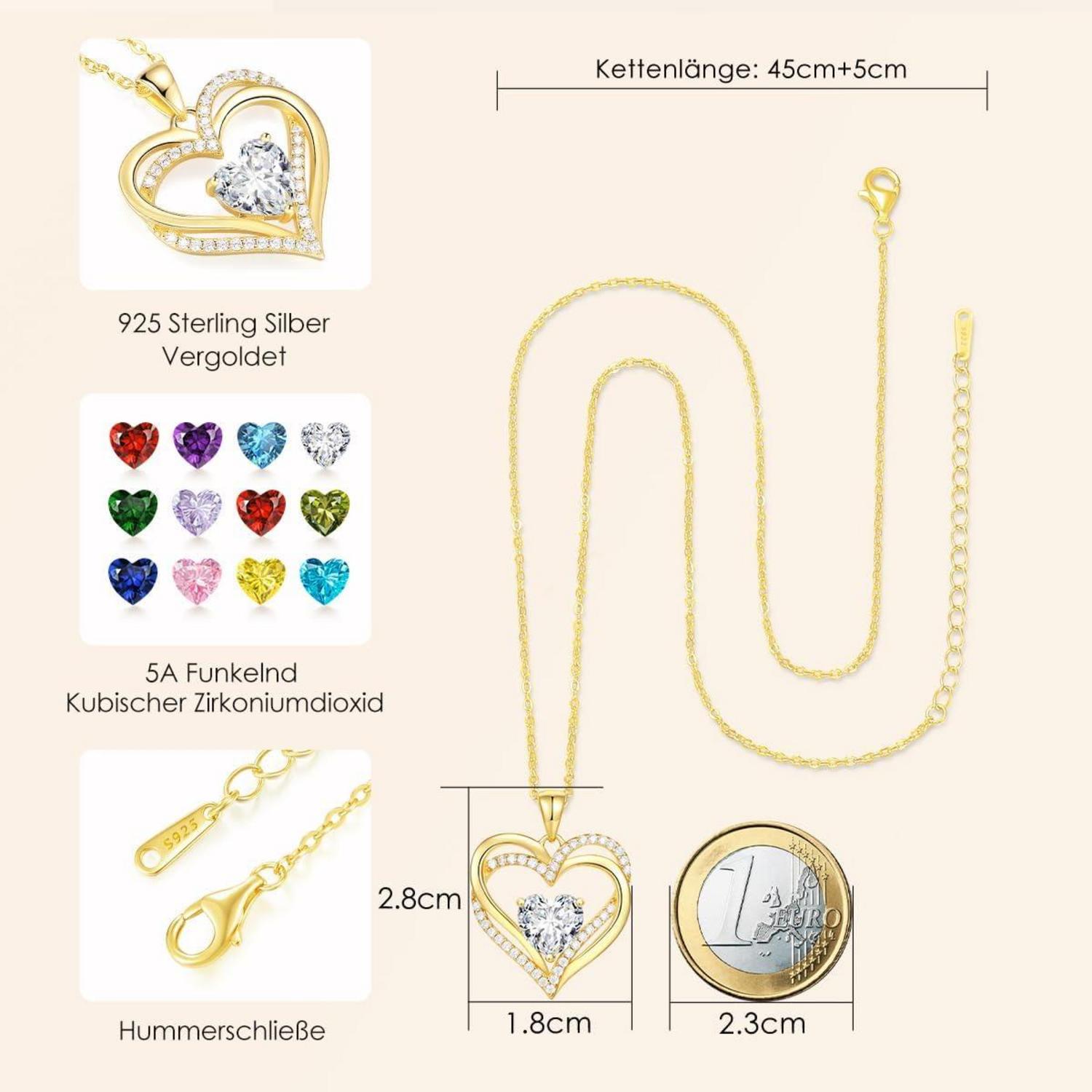CDE Damen Kette mit Herzanhänger und Geburtsstein in 925er Sterling Silber