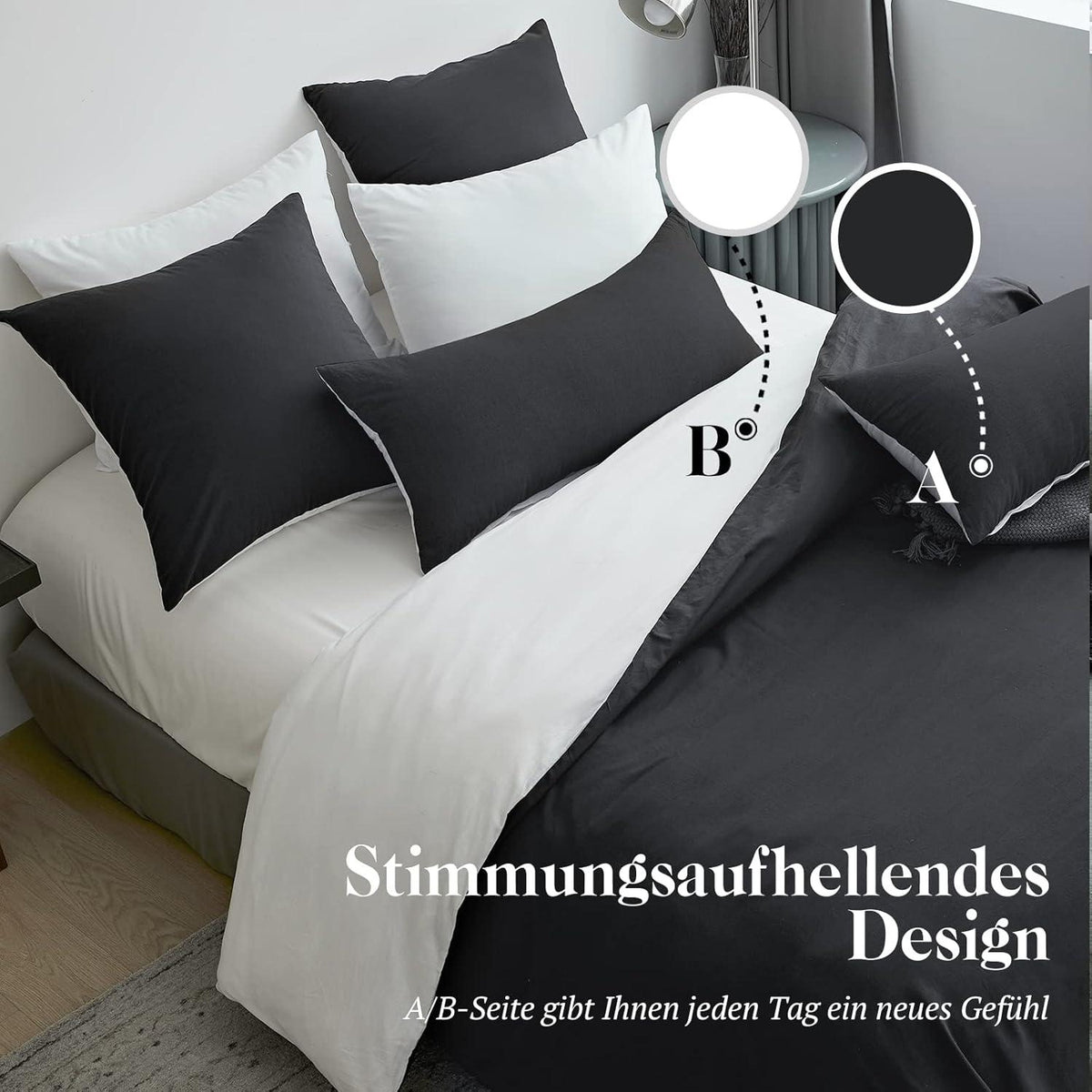 SOULFUL Bettwäsche Set 135x200 Anthrazit 100% Baumwolle Leinenoptik ÖkoTex 2tlg