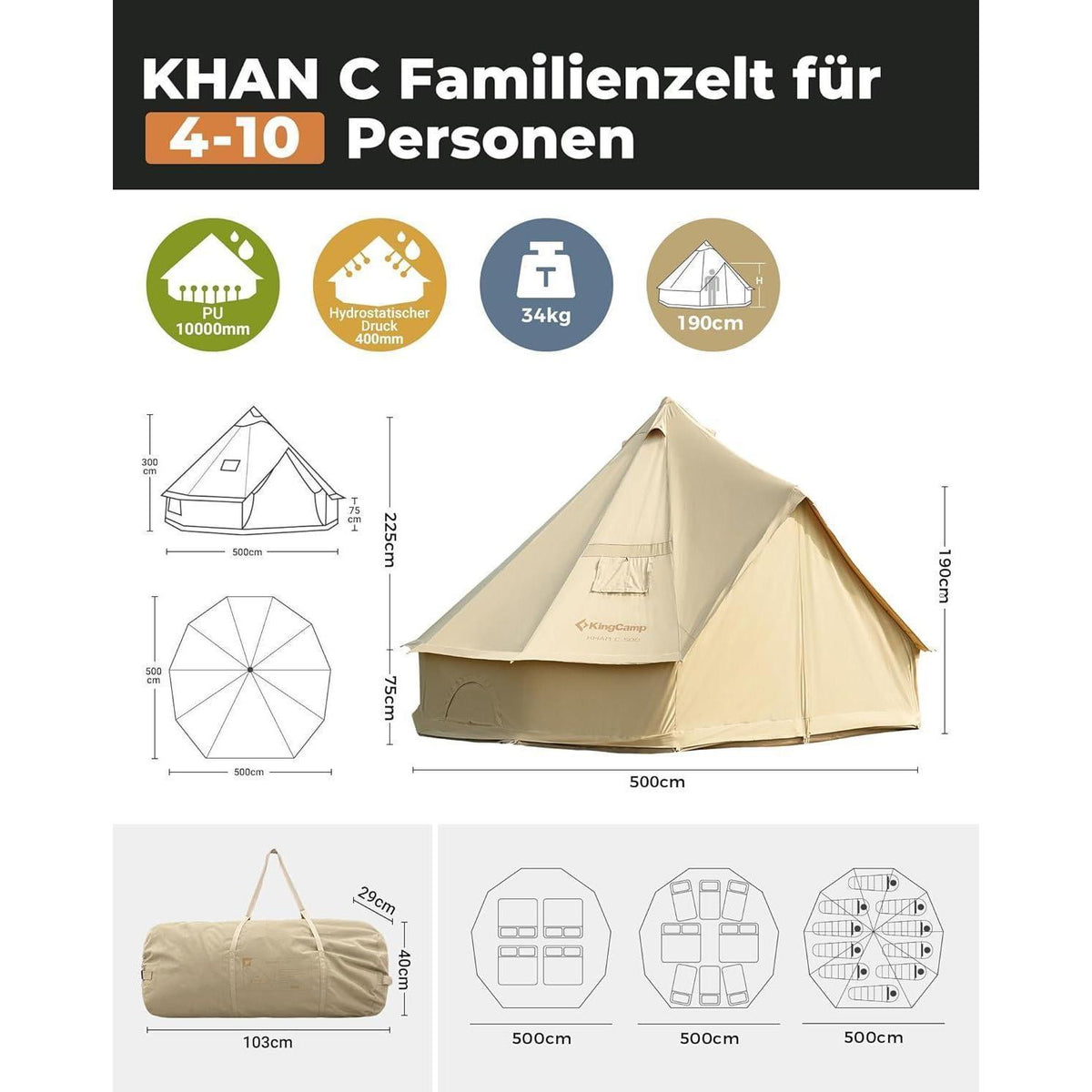 Glampingzelt für 4-8 Personen, Baumwolle, wasserdicht, Ganzjahreszelt