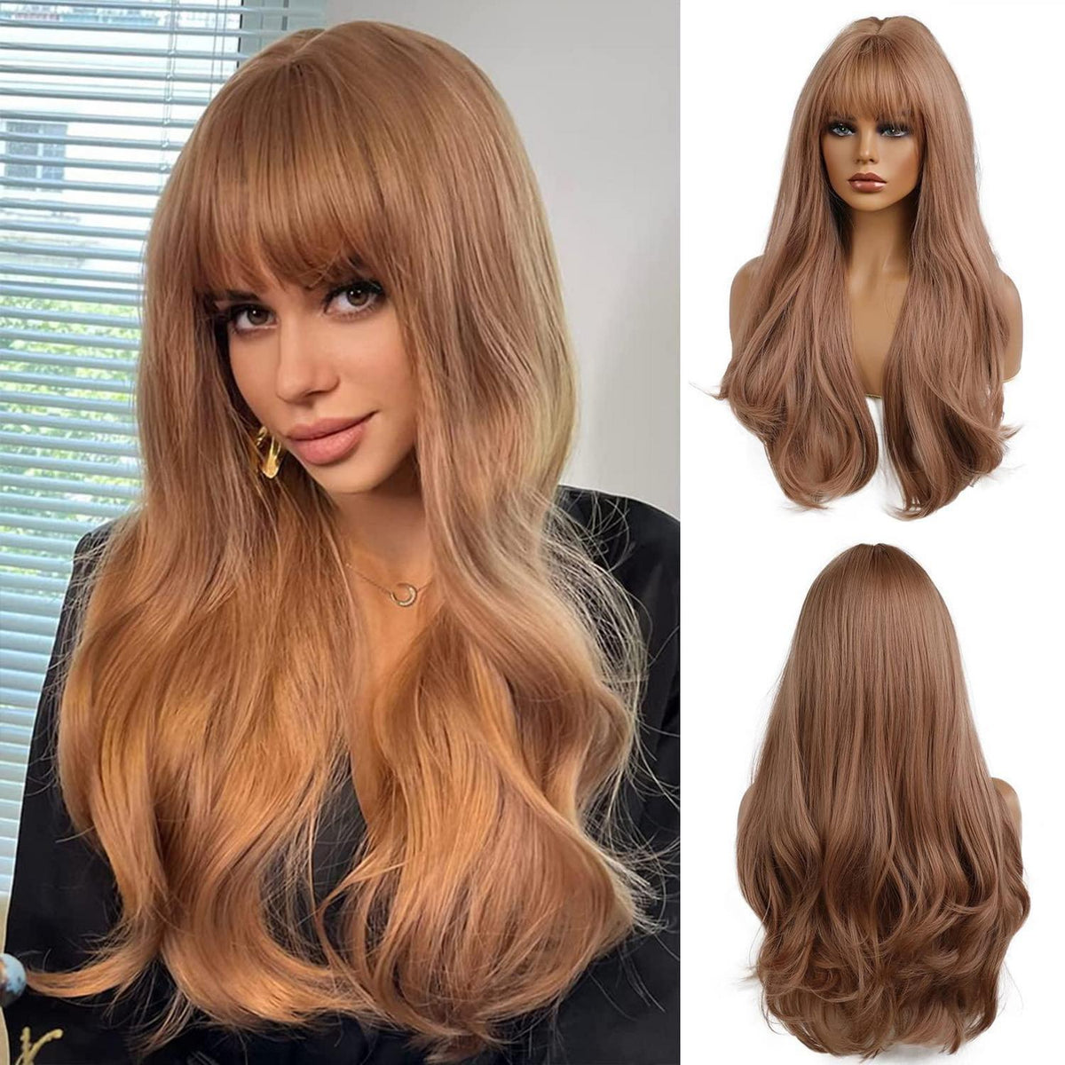 24 Zoll Erdbeere Blonde Langwellig Perücke mit Pony für Damen