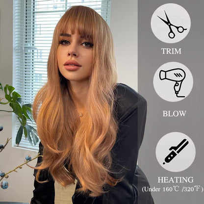 24 Zoll Erdbeere Blonde Langwellig Perücke mit Pony für Damen