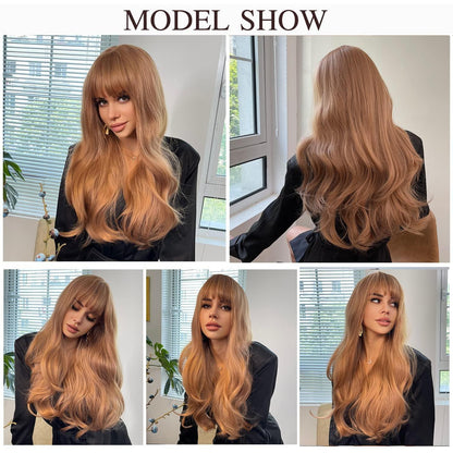24 Zoll Erdbeere Blonde Langwellig Perücke mit Pony für Damen