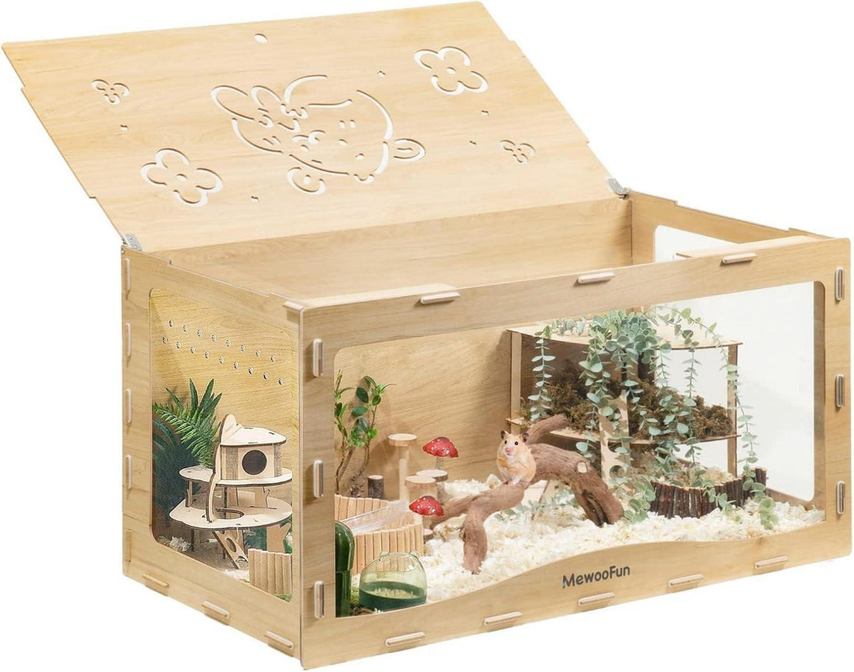 Geräumiger Holz Hamsterkäfig für Kleintiere Transparentes Acryldesign