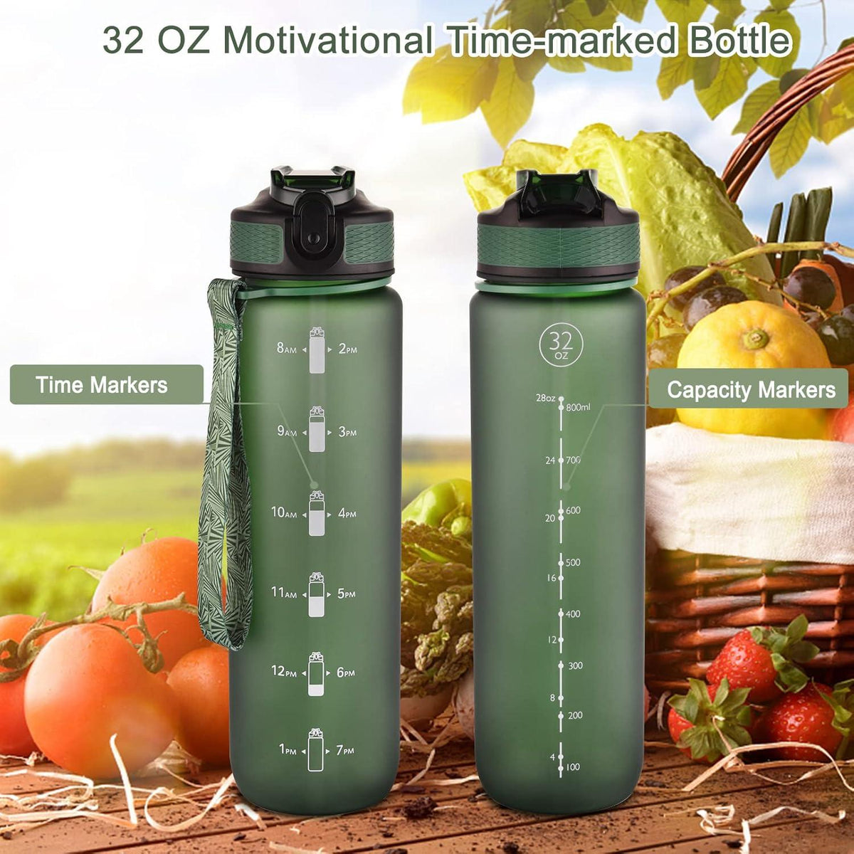 NAVTUE 1L Sport Wasserflasche mit Strohhalm, Zeitmarkierungen, auslaufsicher, BPA-frei