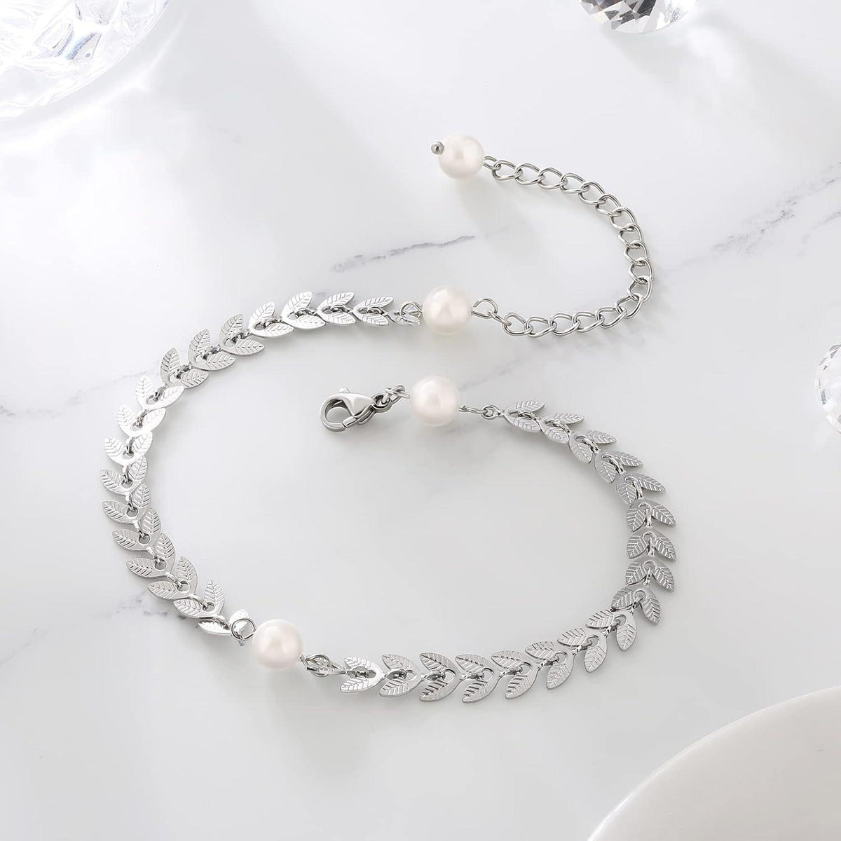 KRKC&CO Damen Fußkettchen 4mm Zirkonia Perle verstellbar 22/27cm Silber