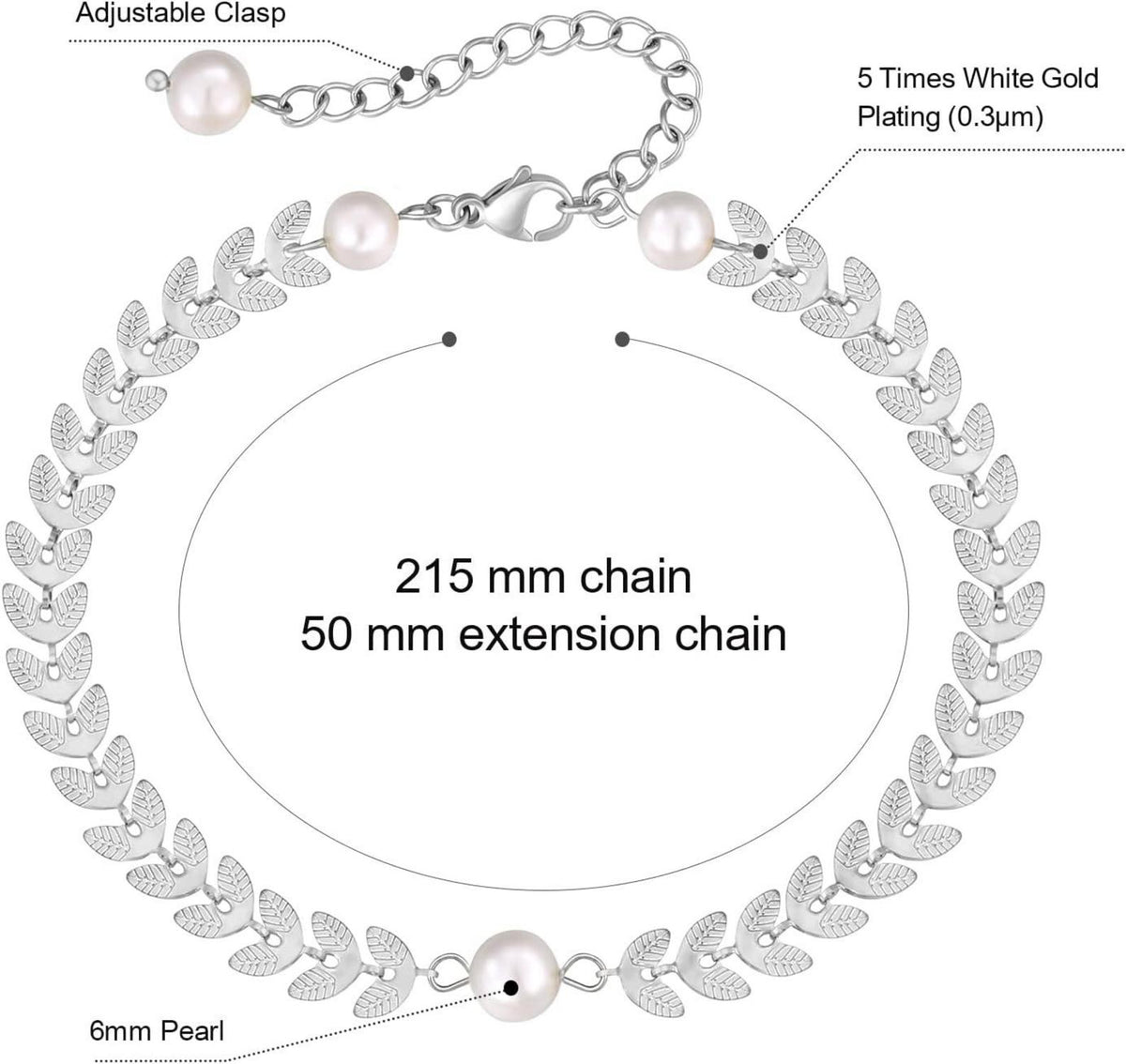 Damen Fußkettchen 4mm Zirkonia Fischgrätkette vergoldet 22/27cm 6mm Perle