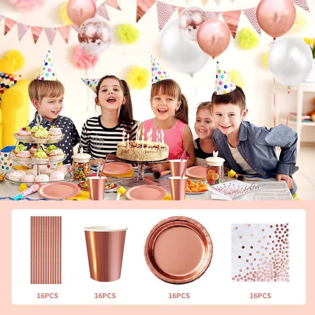 Partydeko Set Dunkelbrau Gold Rosegold Luftballons Tischdecke