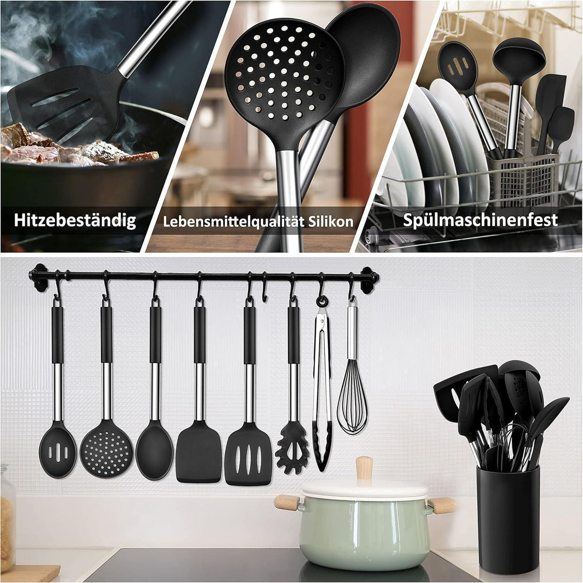 15-teiliges Küchenhelfer Set aus Silikon mit Halter, Hitzebeständig