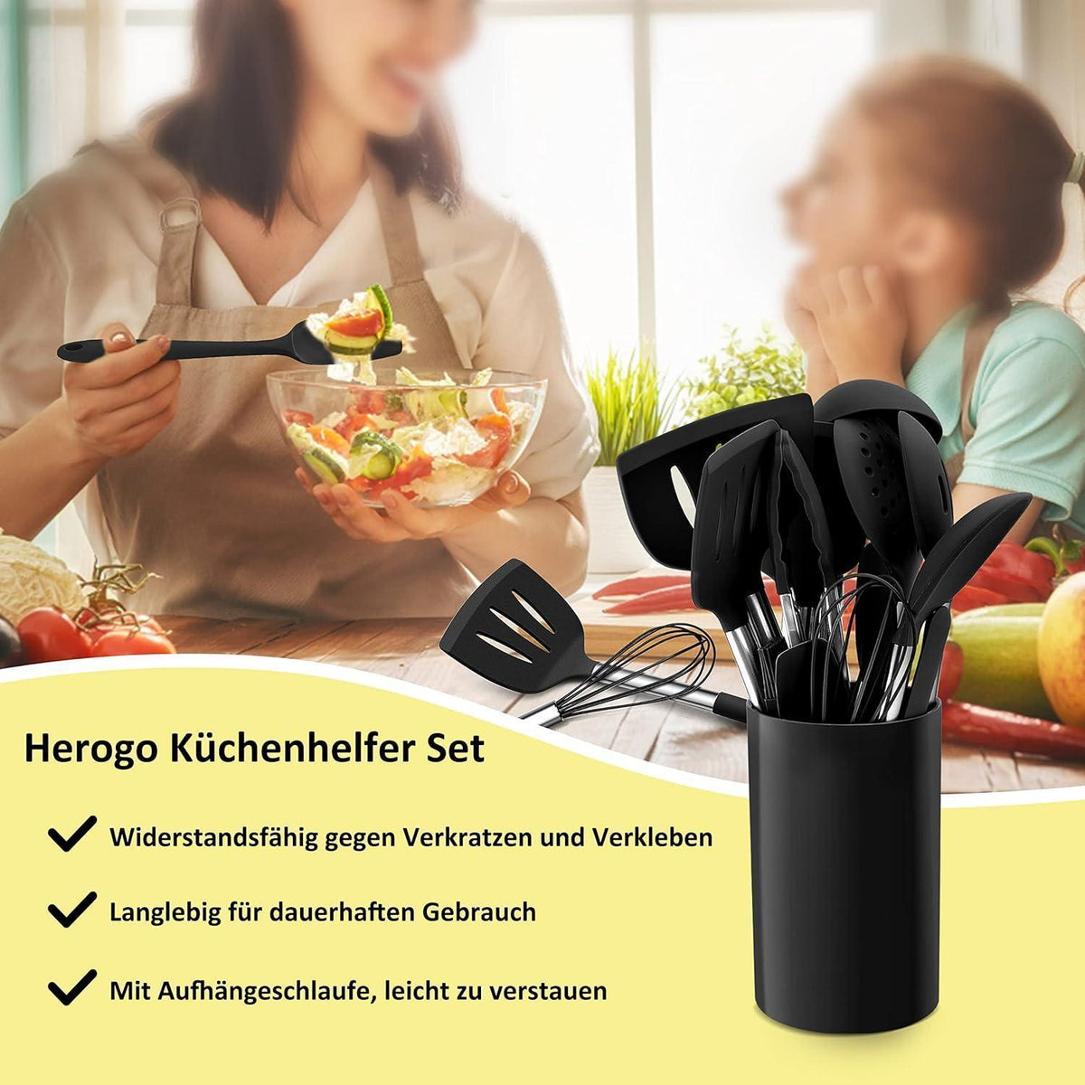 15-teiliges Küchenhelfer Set aus Silikon mit Halter, Hitzebeständig