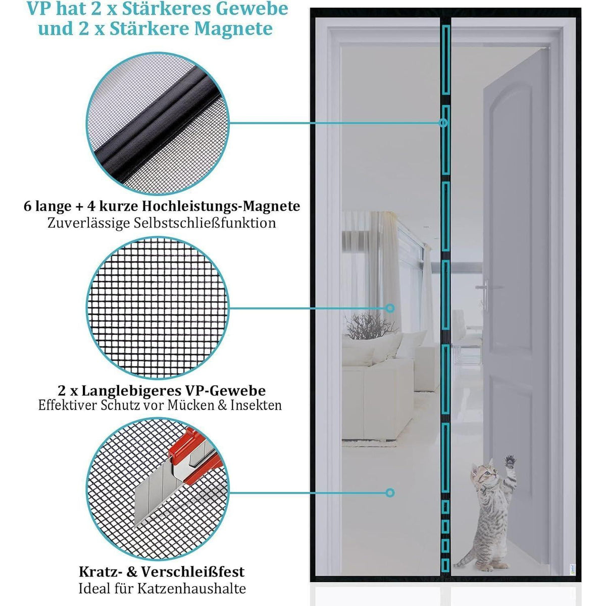 Fliegengitter Tür Magnetisch 100x230 cm – Katzen Sicher & Robust