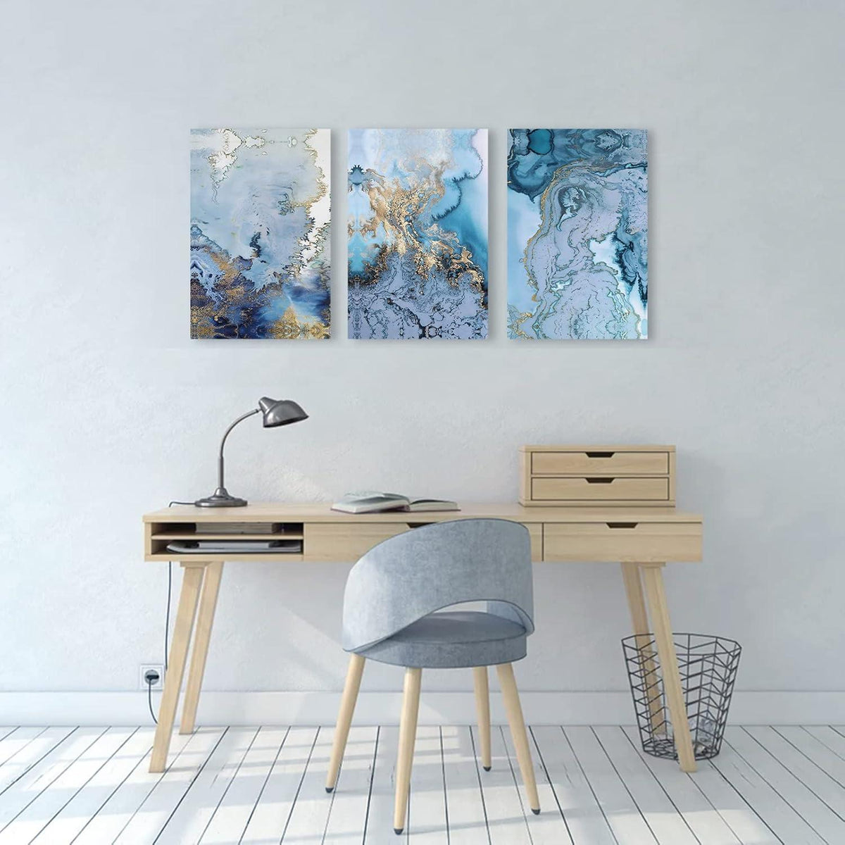 Moderne Wandbilder Blau Weiß Abstrakt 50x70cm 3er Set