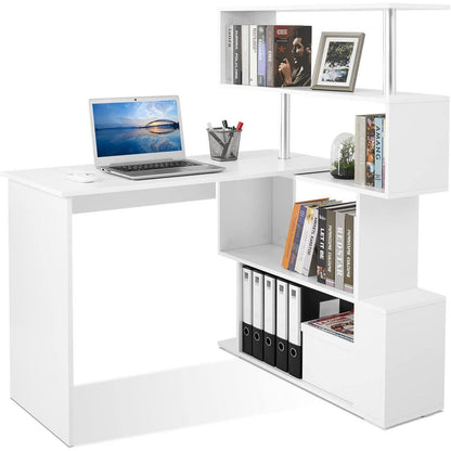 L-Schreibtisch mit drehbarem Bücherregal, Weiß
