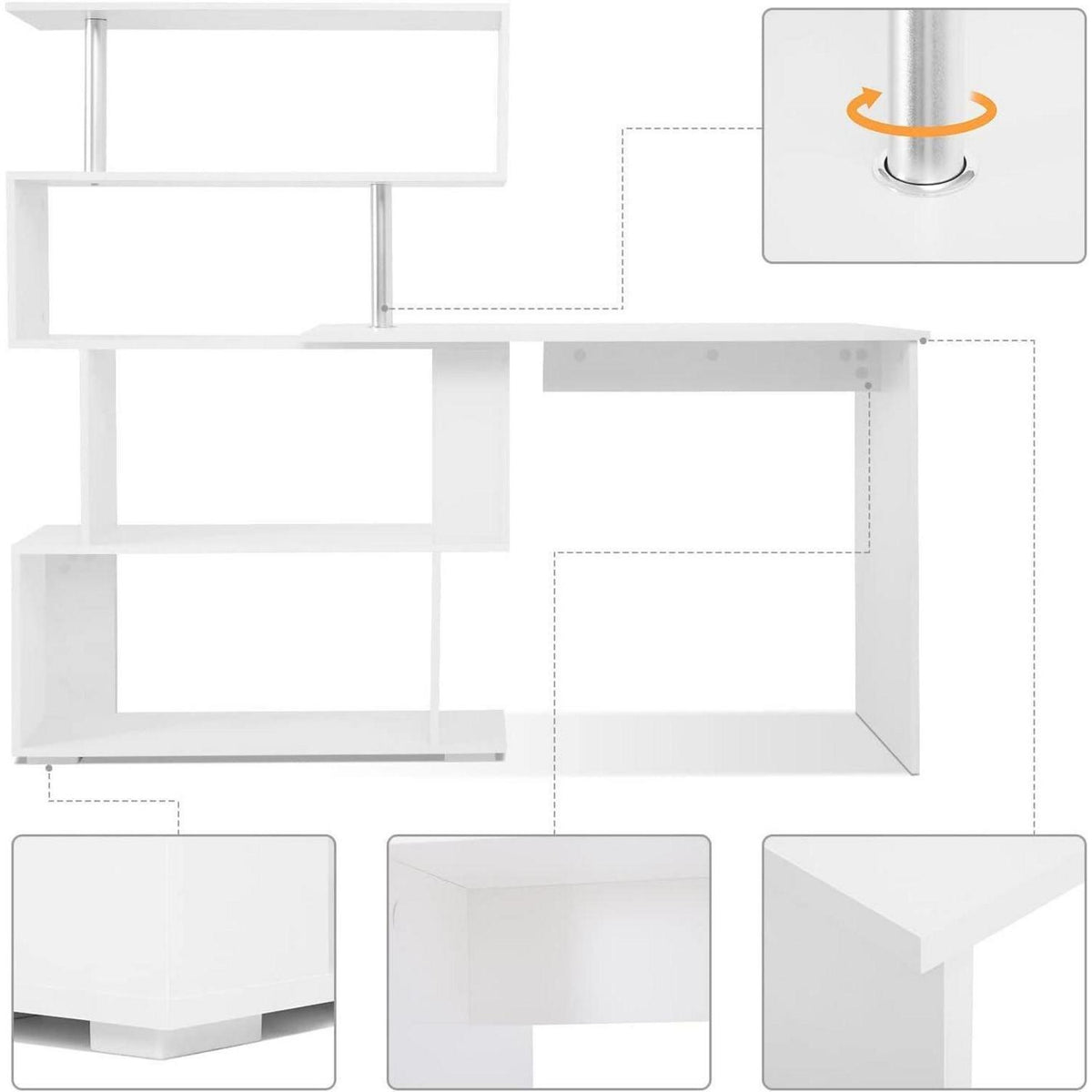 L-Schreibtisch mit drehbarem Bücherregal, Weiß