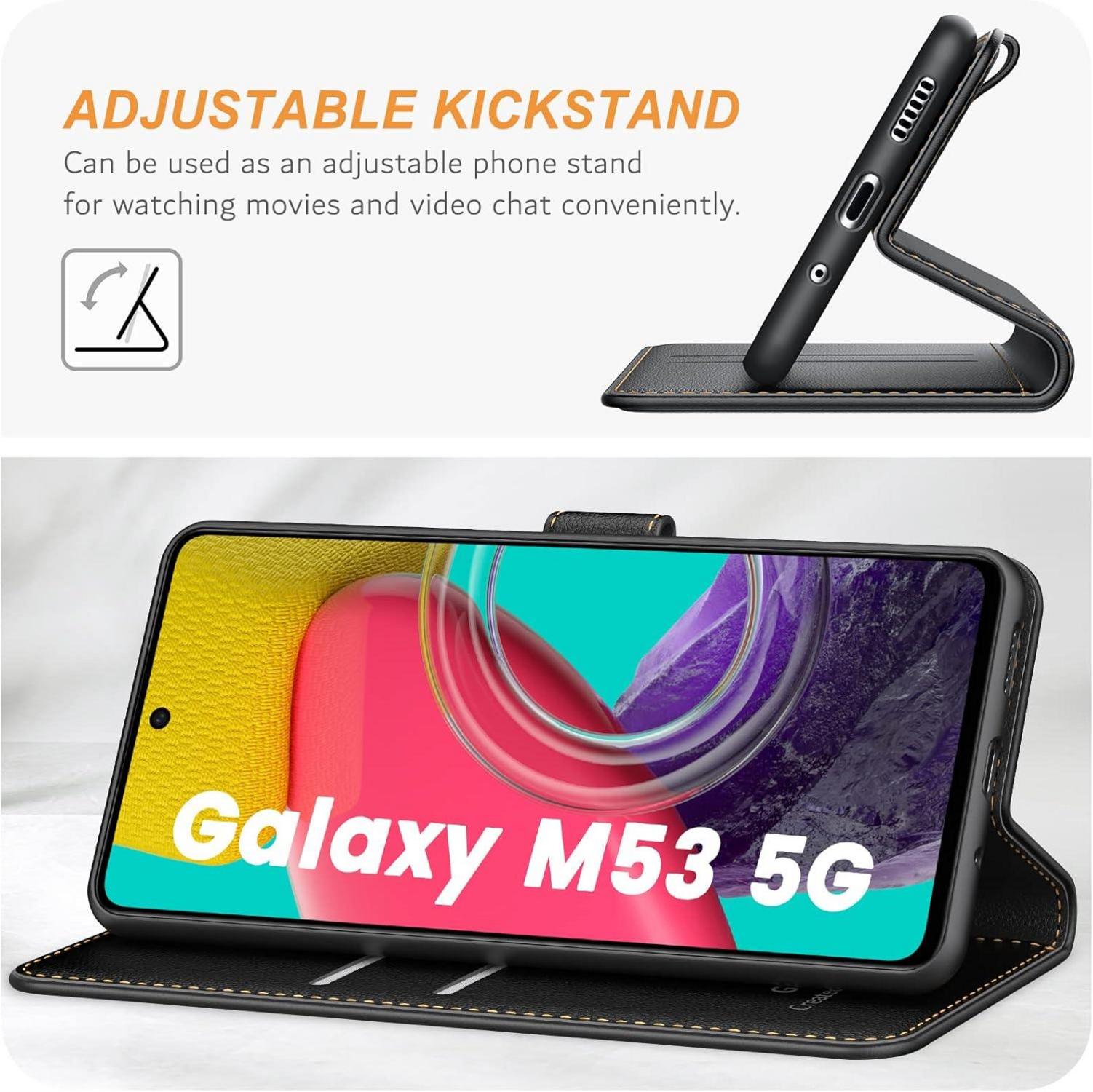 Samsung Galaxy M53 5G Handyhülle - Premium Leder Klapphülle mit Kartenschlitzen, Magnetverschluss und Standfunktion - Schwarz